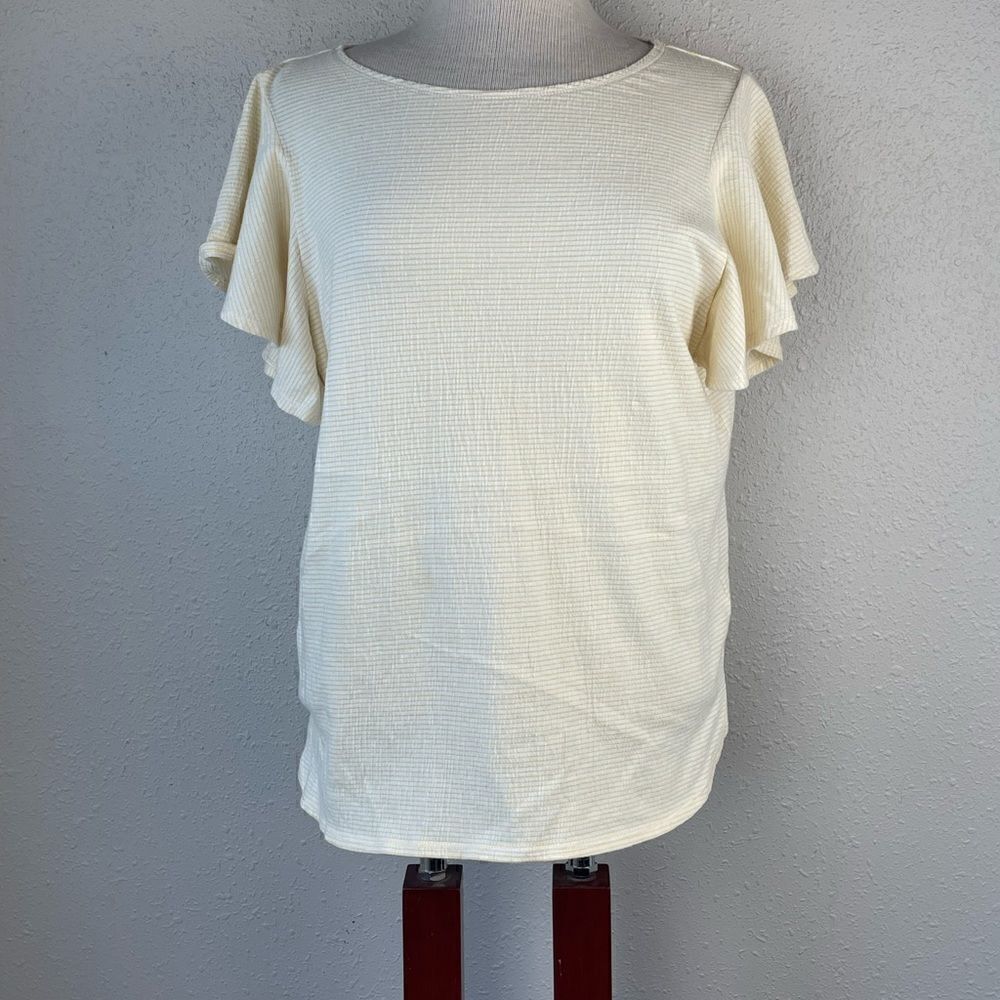 EUC Max Studio Womens Striped Yellow with Ruffled Style Short Sleeves Size L